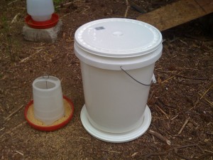 The finished Chicken Feeder next to the origianl chicken brooder feeder.